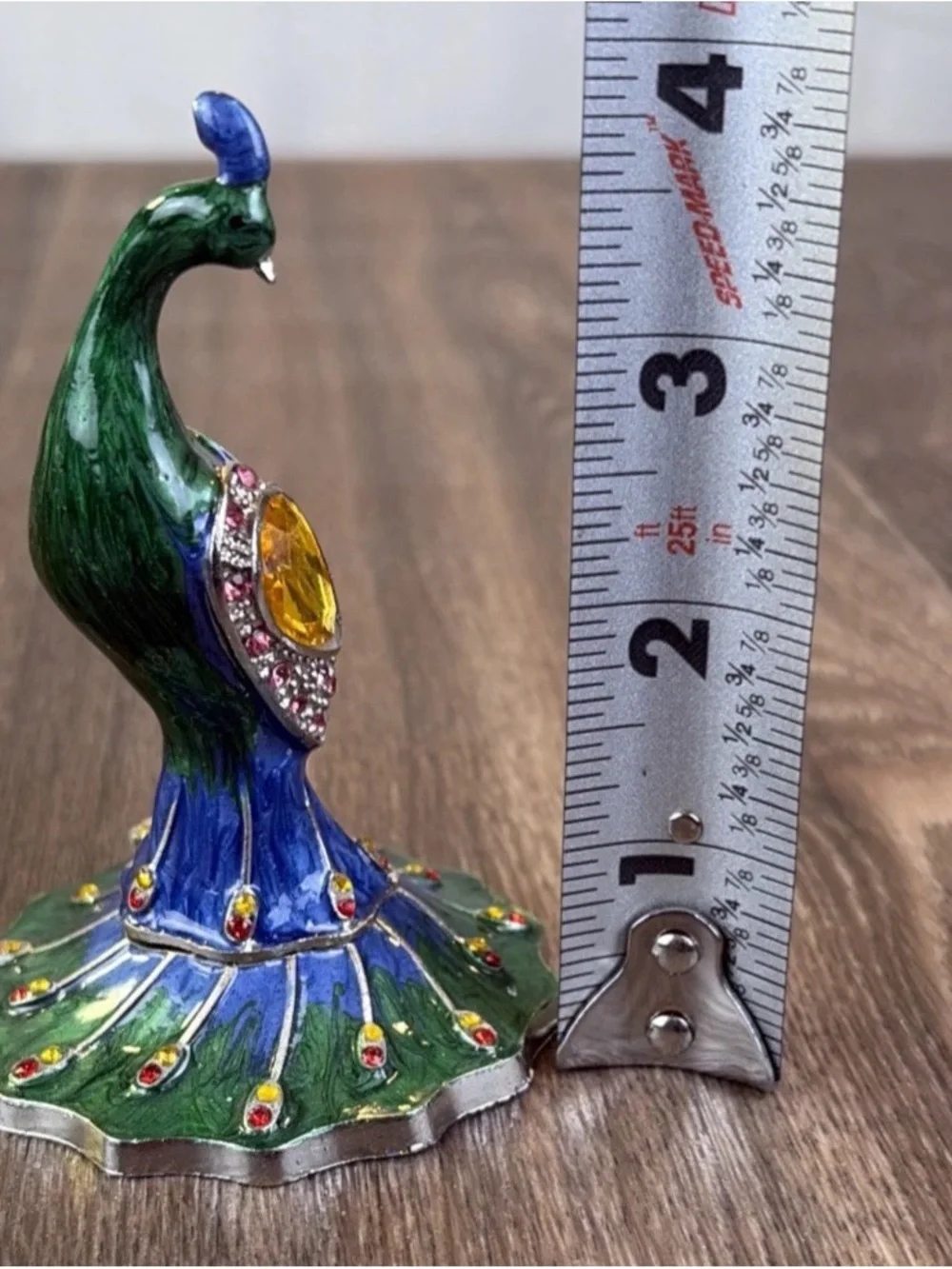 Enamel & Rhinestone Hinged Peacock Jewelry Pill Trinket Box Magnetic Metal